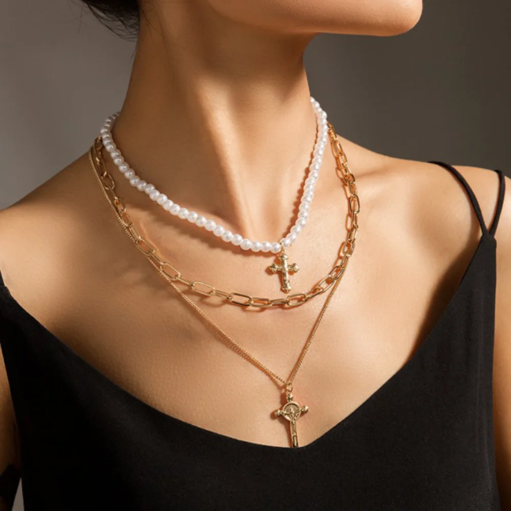 

Delysia King Cross pendant multilayer necklace Pearl fashion necklace