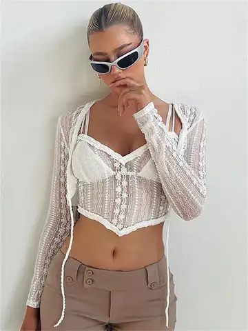 Two Piece Set Women Blouse Solid Color Lace See Through Long Sleeve Cardigan Shirts + Spaghetti Strap Tank Tops Sexy Crop Tops