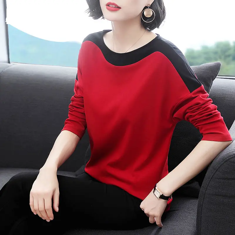 

Woman Cotton Autumn O-Neck Long Sleeve Casual T Shirts Female Pocket Patchwork Tops Ladies Thin T-Shirts Tees Bottom Shirts G308