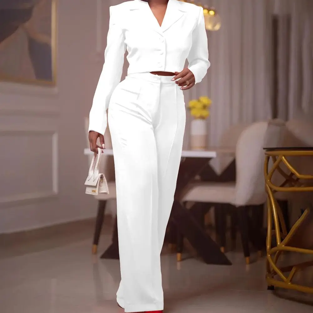 2022 Fashion Long Sleeve Lapel Top Buttons Long Pants Pure Color Lady Suit Two Piece Sets Casual Street Style Women Suit