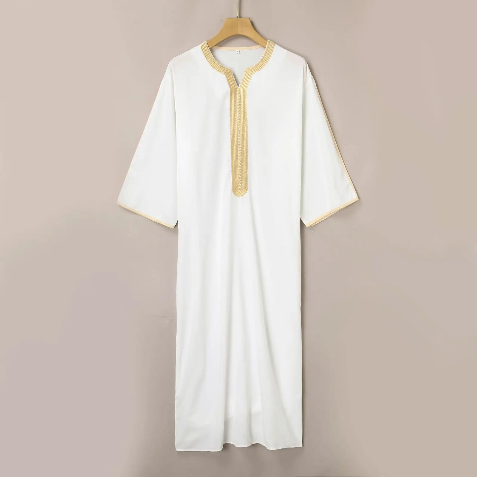 

Thobe abaya dress Kaftan Muslim Men Short Sleeve Embroidery Loose Breathable Casual Robe Islamic Abaya