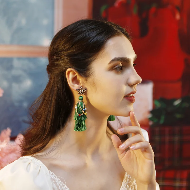 

Christmas Star Handmade Earrings 2023 Trendy Bohemian Green Color Long Tassel Dangle Drop Earrings for Women Party Jewelry