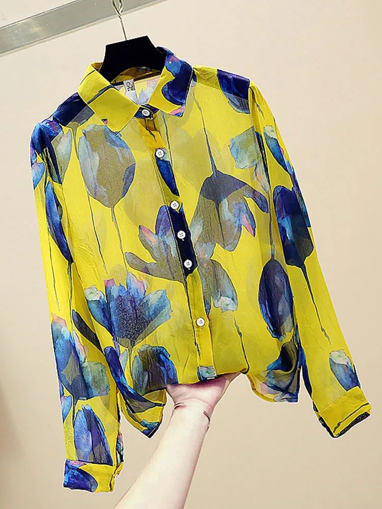 spring summer Women's Chiffon Shirt Tops New Retro Fashion All-match Printed Shirt Blouse Long Sleeve Shirt Women Blouses Y585