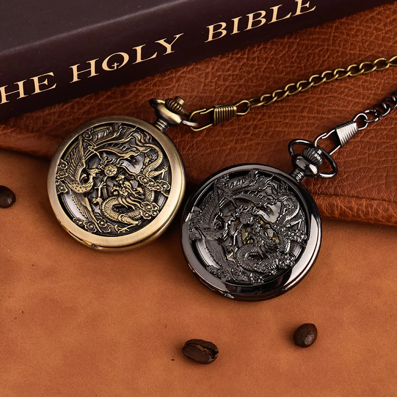 Luxury Dragon Mechanical Pocket Watch for Men Women Hollow Skeleton Case Roman Numeral Dial Fob Chain Pendant Clock Collection