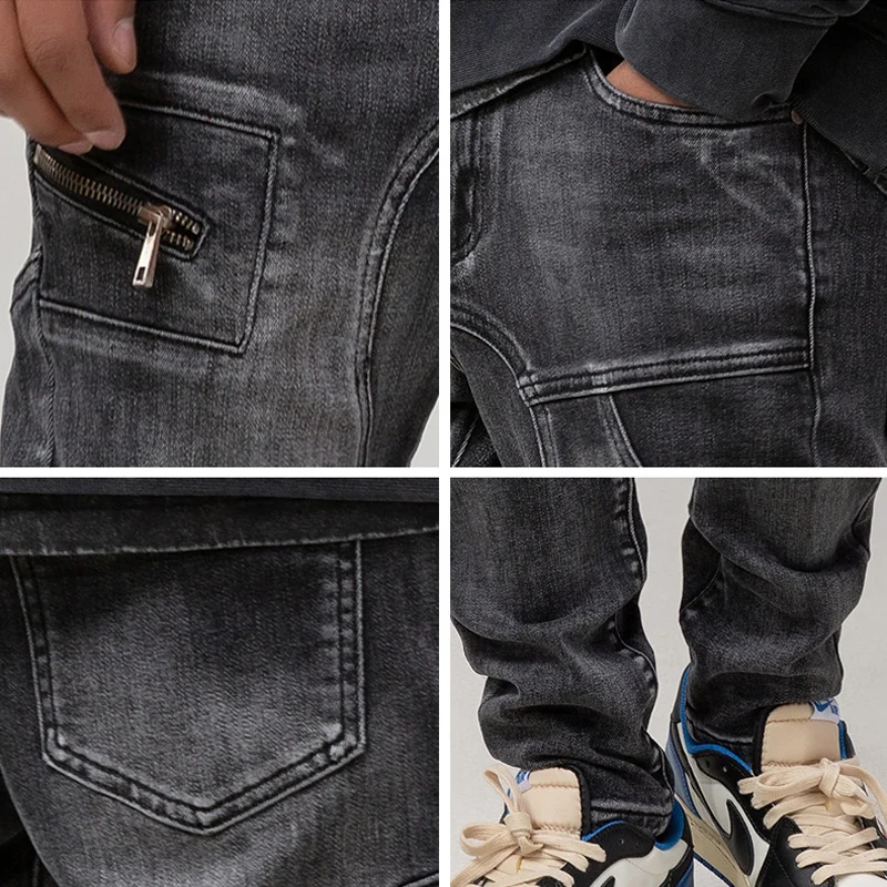 Street Fashion Men Jeans Retro Black Gray Elastic Slim Fit Spliced Biker Jeans Men Wrinkled Patch Designer Hip Hop Pants Hombre