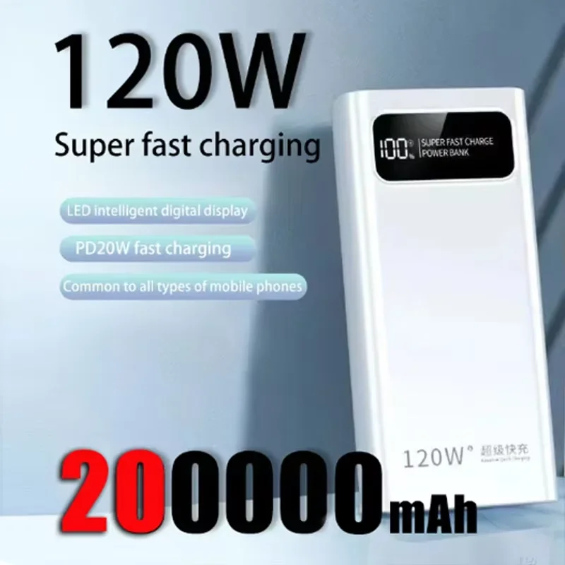 Фото 200000 mAh Power Bank 120 Вт сверхбыстрая зарядка аккумулятора большой емкости с цифровым дисплеем Power Bank для Xiaomi Huawei Iphone Samsung №1
