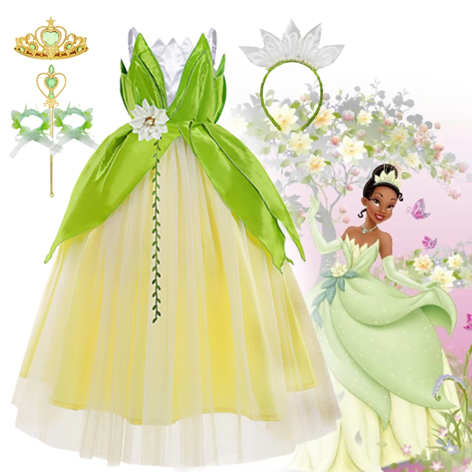 

Disney The Princess and the Frog Cosplay Costume for Girls Fancy Tiana Princess Dress Carnival Purim Party Kids Frock Clothing