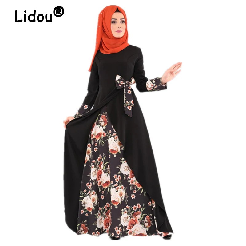 

2022 New Muslim Fashion Printed Paneled Floral Long Dress Islamic Women's Casual Dress African Dresses for Women Ramadan Dress
