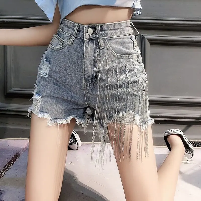 

2022 Summer Women New Fashion Straight Ripped Jeans Shorts Female High Waist Denim Shorts Ladies Tassel Wide Legs Shorts D161