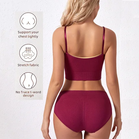 CINOON Sexy Women Seamless Bra Set Low Waist Panties Wire Free Bra Bralette Lingerie Brassiere Backless Female Underwear Set
