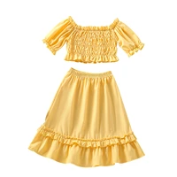 summer little baby girls clothing two piece outfits solid color short sleeve off shoulder pleated crop tops ruffles long skirts