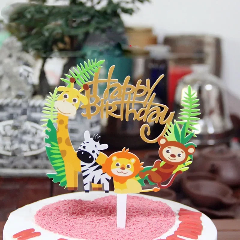 

Wild Jungle Party Cake Topper Kids Happy Birthday Animal Cake Flag Boy Birthday Party Decoration Children Forest Party Supplies