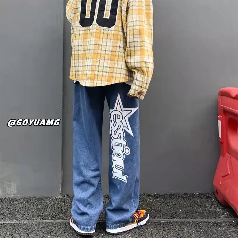 Autumn New Streetwear Retro Hip-hop Letter Printing Jeans Loose Straight-leg Pants Wide-leg Pants For Men And Women Couples