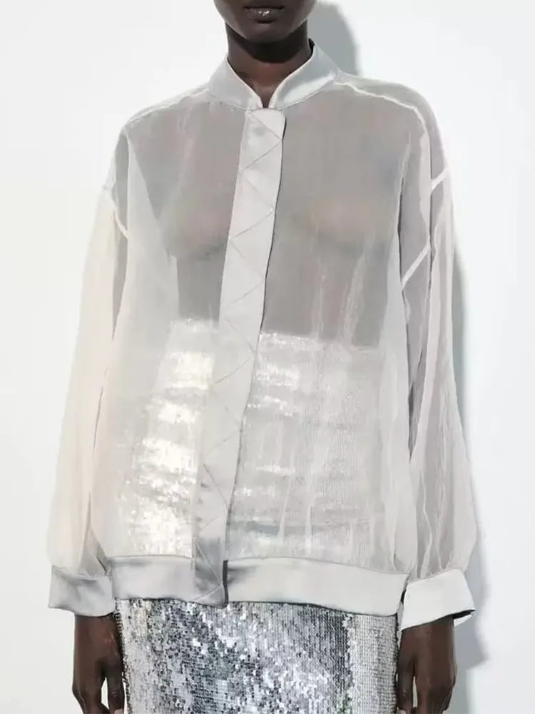 

Женская прозрачная куртка на молнии с длинным рукавом и круглым вырезом