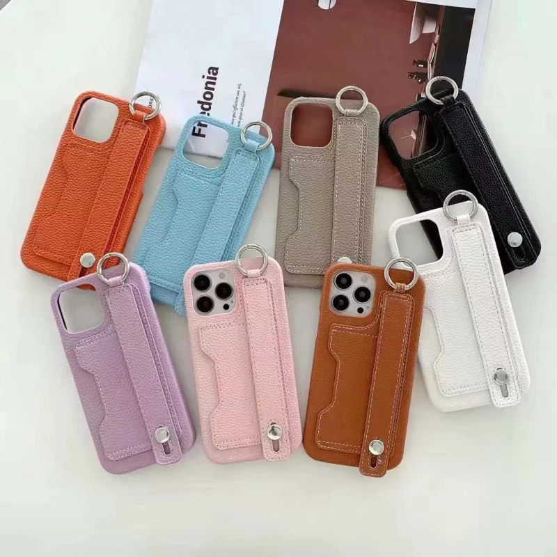

Fhx-12A Lychee Pattern Card Wrist Strap Half-pack Oil Edge Phone Case for iPhone 7 8Plus X XS XR 11 12 13Pro MAX Phone Case