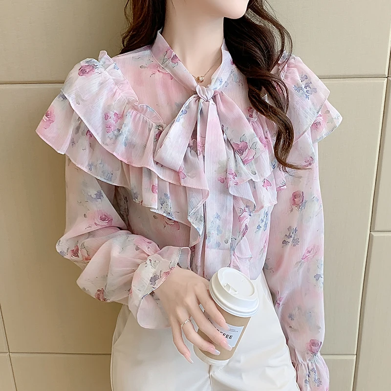 Blusas Mujer De Moda 2021 Floral Chiffon Blouses Women Flare Sleeve Sweet Ruffles Shirts Fashion Loose Blouse Tops