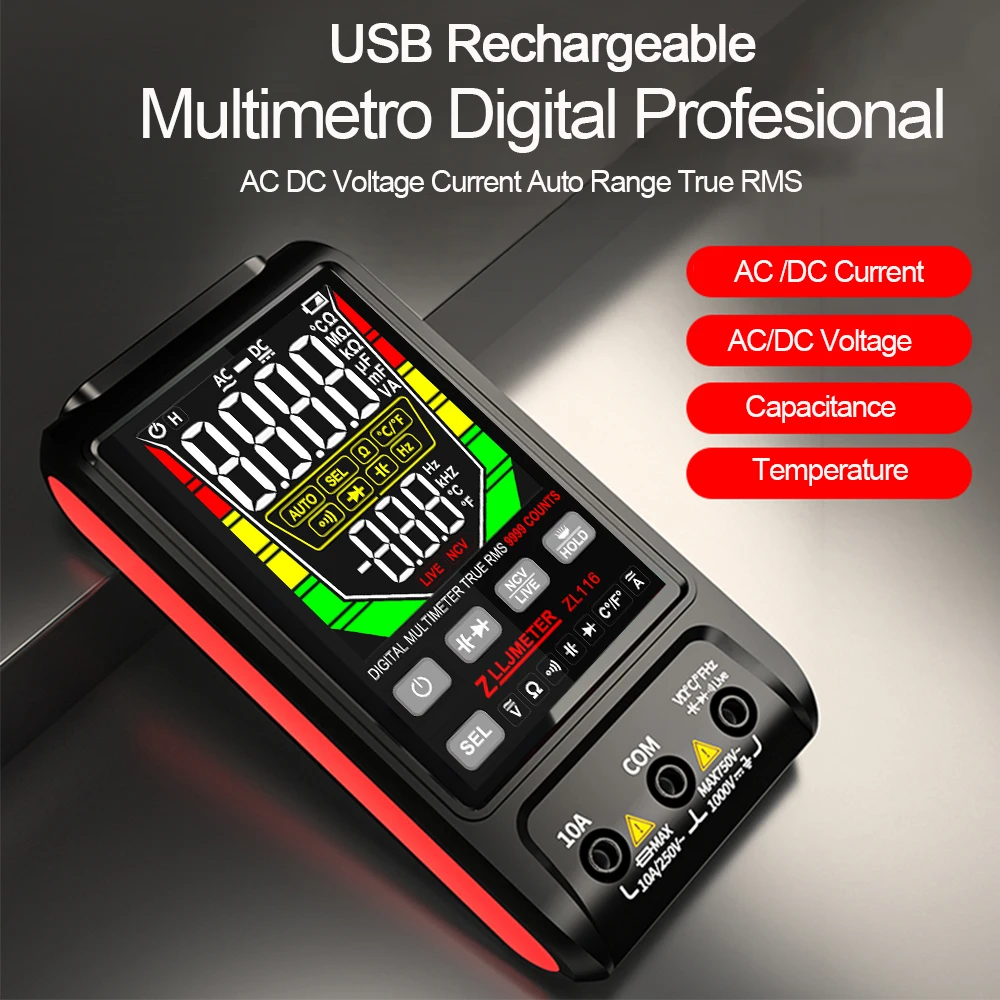 

USB Charge Digital Multimeter Large Screen 9999 AC DC Current Voltage True RMS Auto Range Capacitance Temp Ohm Multimetre Tester