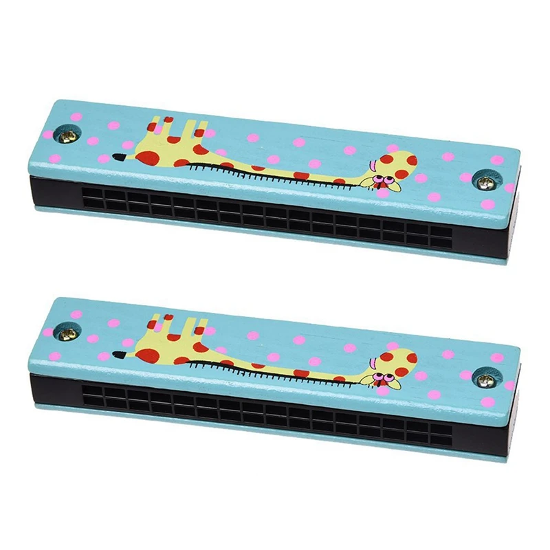 

2X Wooden Giraffe Pattern Dual Series 32 Hole Harmonica Child Blue