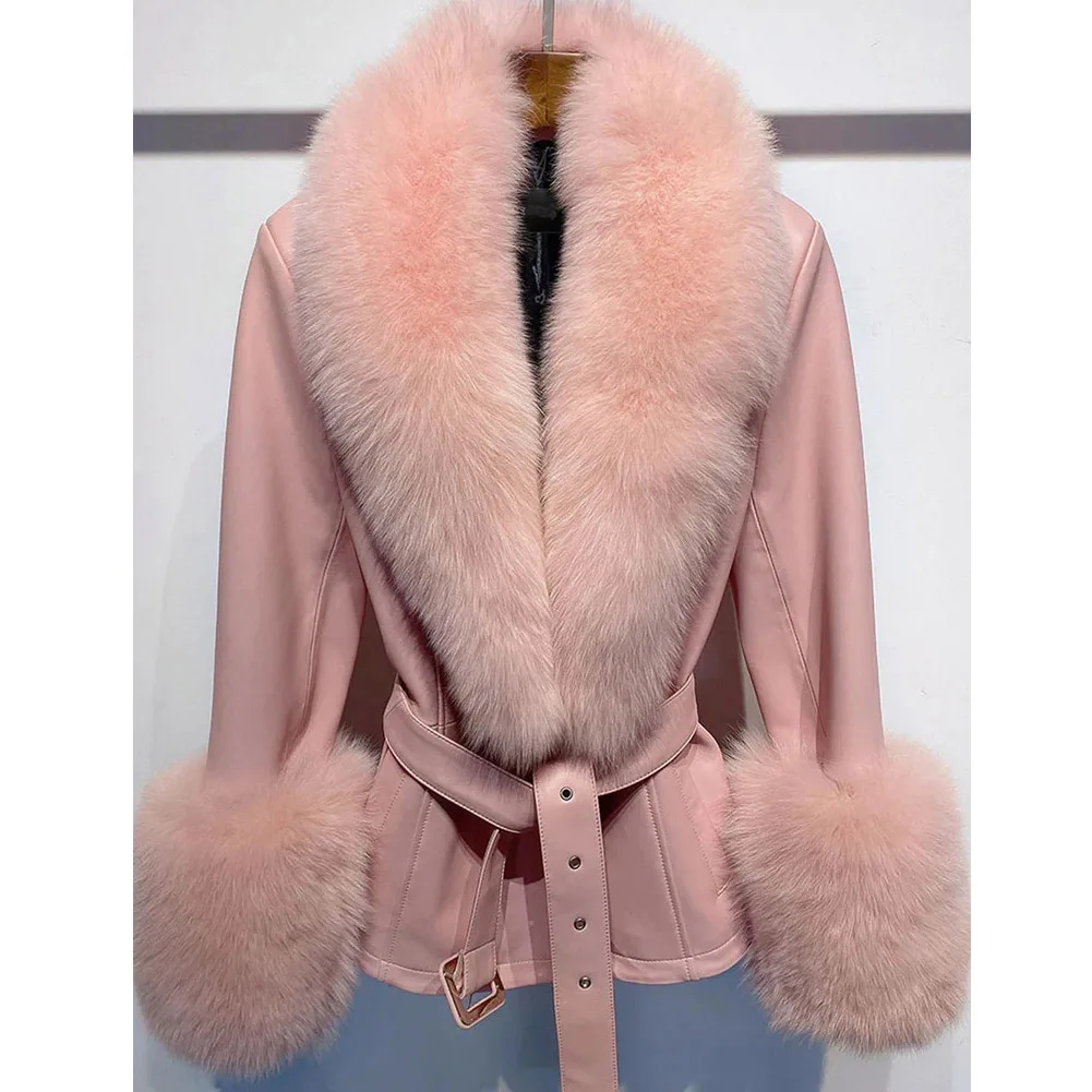 Denny &amp Dora женское пальто из натуральной кожи с воротником лисьего меха плащ