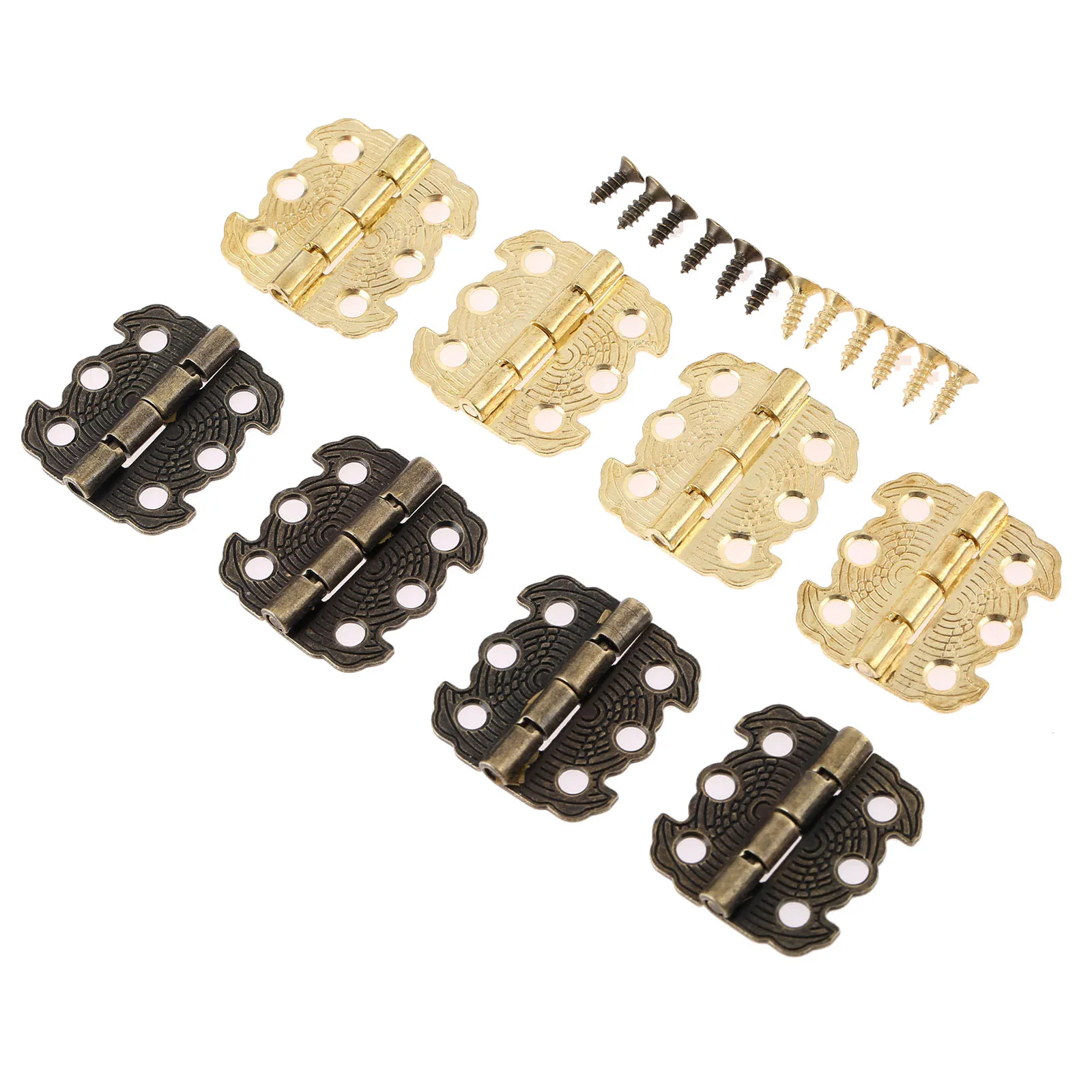 

12pcs Butterfly Iron Hinges 72 Screws Golden/Antique Bronze 6 Holes 29*27mm Scaly Engraved Pattern Relief Furniture Decoration