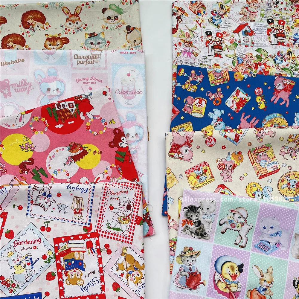 

100x110 см Мультяшные винтажные Милые Животные медведь ягненка, хлопчатобумажная ткань для шитья одежды рукоделия детский лоскутный материал