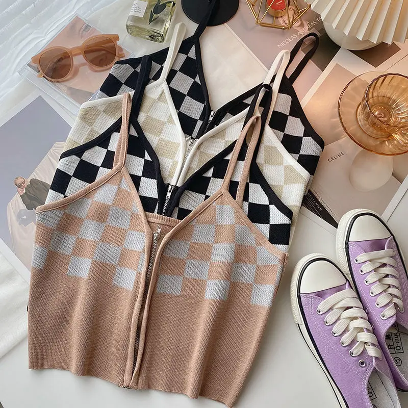 

Off Shoulder Sleeveless Club Crop Halter Streetwear Sexy Camisole Top Women Sexy Clothing Zipper Plaid Vacation Chic Tanks Tees