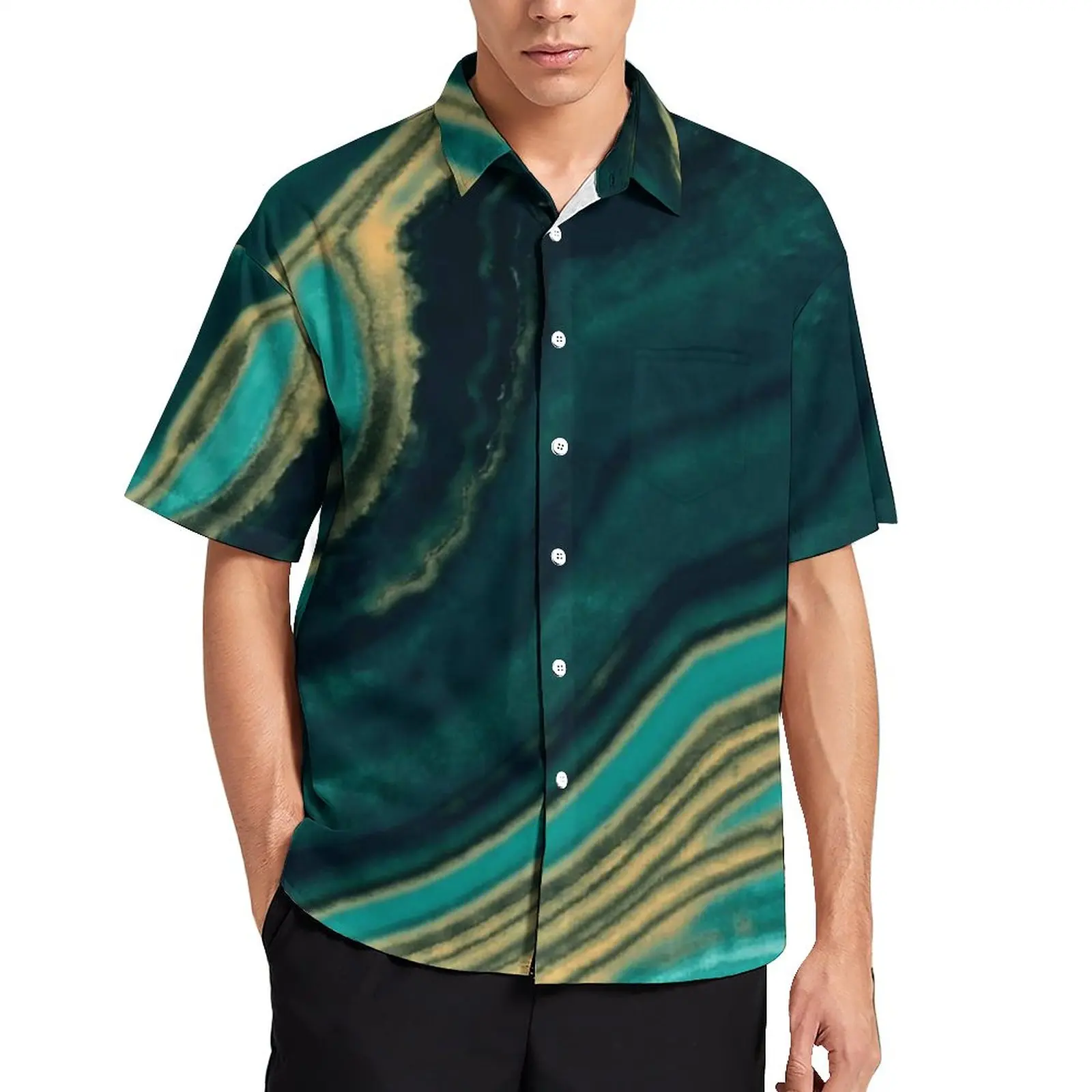 

Рубашка мужская с мраморным рисунком, повседневная винтажная блузка с коротким рукавом, цвет морской волны и металл, текстура золото, мрамо...