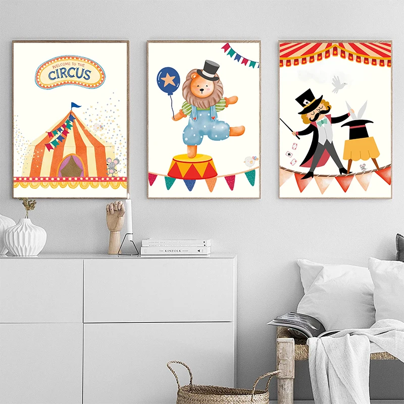 Забавный цирковой тематический постер с животными детский карнавал трапеция