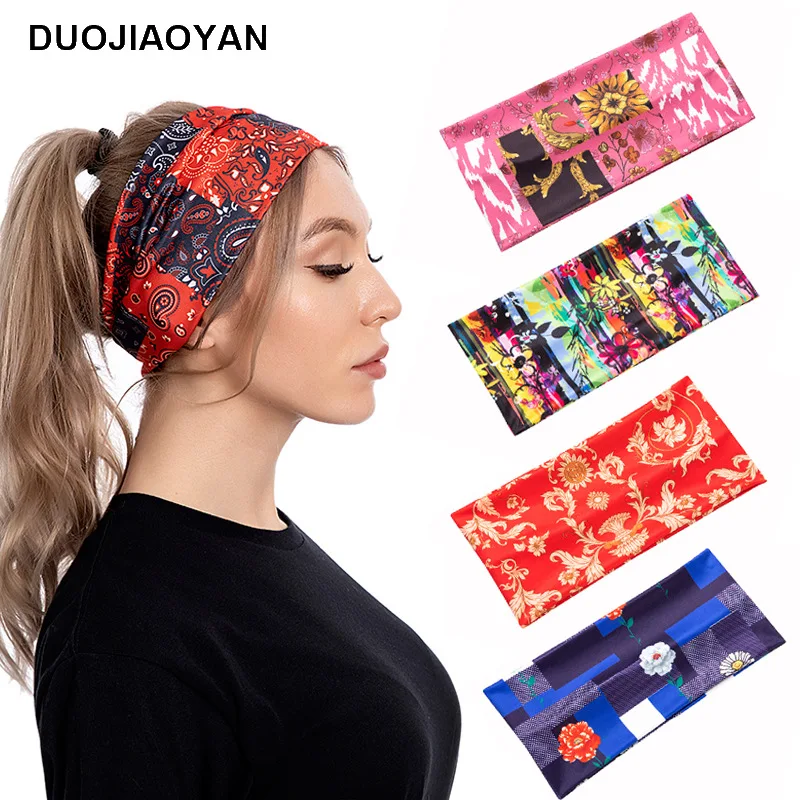 

Europe And America Cross Border New Elastic Printed Wide-Brimmed Headband Bright Color Small Floral Plaid Women'S Sports Face Wa