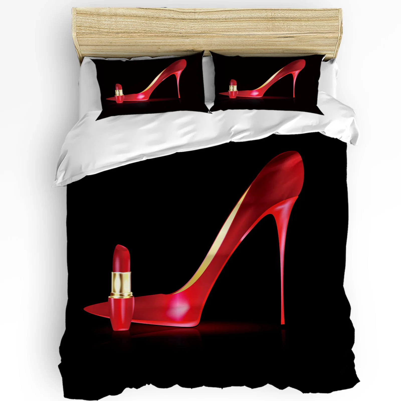 

High Heels Lipstick Black Background 3pcs Bedding Set For Bedroom Double Bed Home Textile Duvet Cover Quilt Cover Pillowcase