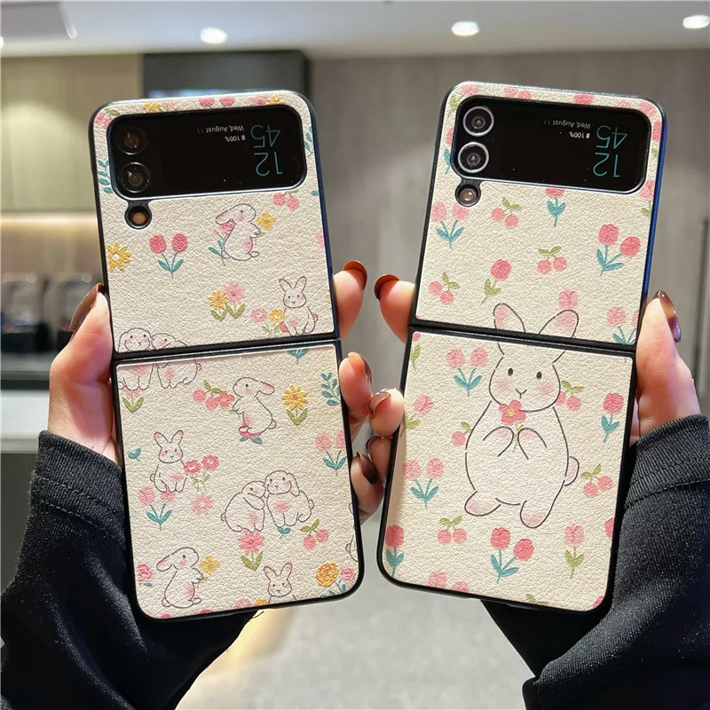 

Cute Cartoon Rabbit PU Leather Phone Case for Samsung Galaxy Z Flip 3 Z Flip 4 Hard PC Back Cover for ZFlip3 ZFlip4 Case Shell