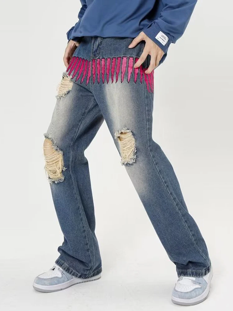 YIHANKE Leather Cross Embroidery Travis Scott Punk Men Baggy Jeans Pants Hip Hop Straight Hole Ripped Kpop Women Denim Trousers