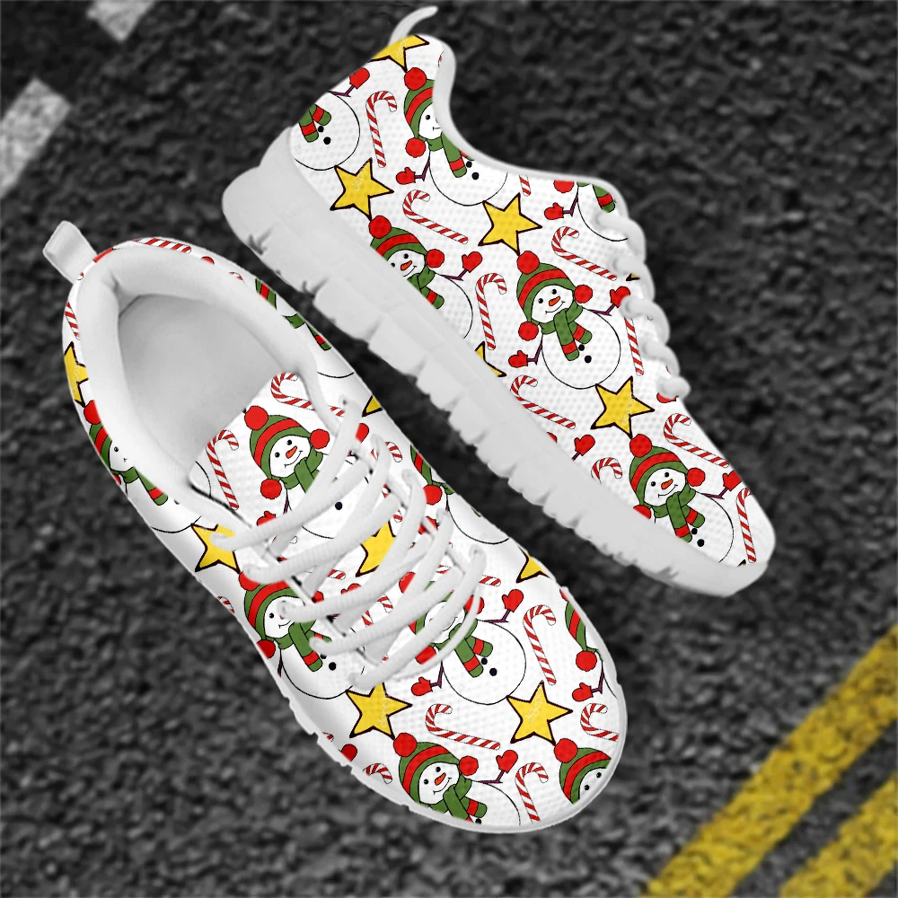

HYCOOL Xmas Gifts Snowman Pattern Ladies Shoes Flats Air Mesh Lace-up Women Casual Sneakers Female Comfortable Tenis Masculino