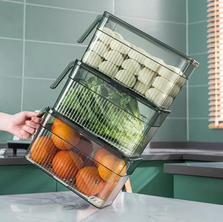 

Refrigerator Storage Box Food Crisper Box Vegetable Fruit Fresh-keeping Box Kitchen Finishing Storage Organizer with Drain Board