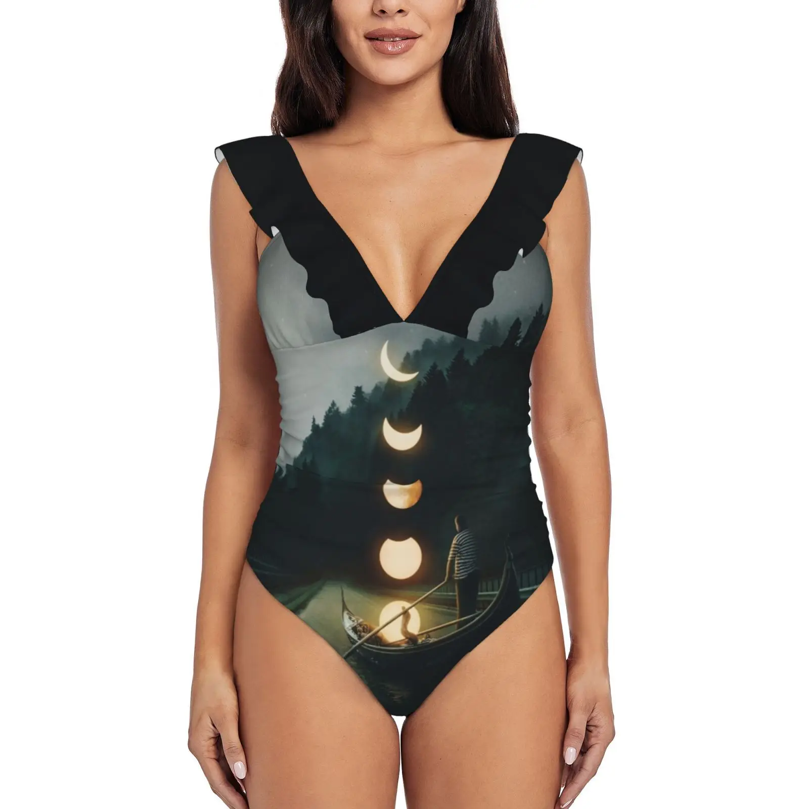 

Moon Ride женский слитный купальник с оборками, сексуальный боди, монокини, купальник, купальный костюм, Мужская Гондола, пейзаж, лес, звезды, лун...