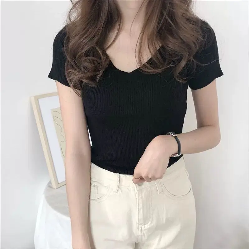 

2023 V-neck short sleeve summer new solid color gray