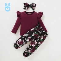 new autumn infant baby girls clothes sets 3pcs print romper long sleeve tops flower pants headband born clothing