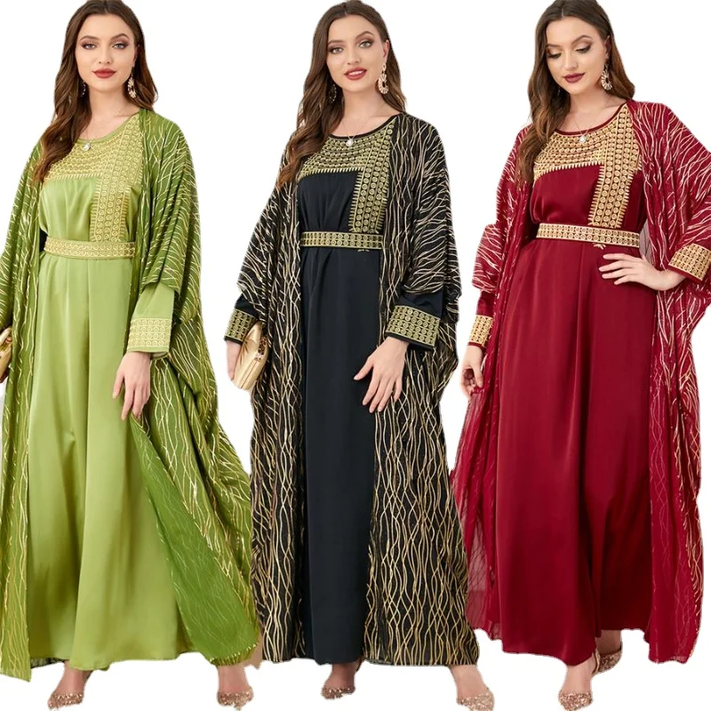 Black Luxury Abaya Modest Fashion Muslim Dresses Abayas For Women 2 Piece Sets Embroidery Belt Moroccan Kaftan Ramadan