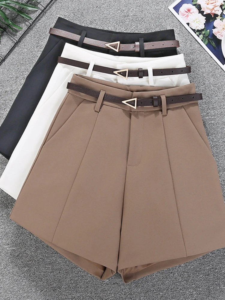 

2023 Casual Elegant Shorts with Belt Solid Color Womens Shorts Summer Korean Fashion Slim Wide Leg A-line Suits Shorts Femme
