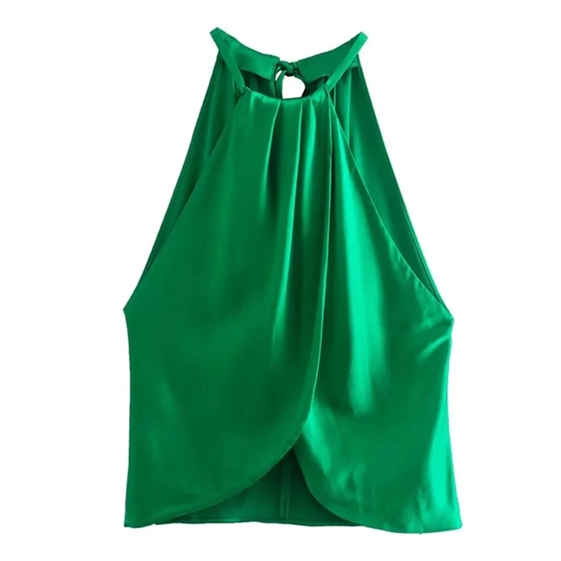 

Maxdutti Ins модный блоггер зеленого цвета Холтер шелк атласная короткая блузка рубашки без рукавов Сексуальная Блузка для женщин