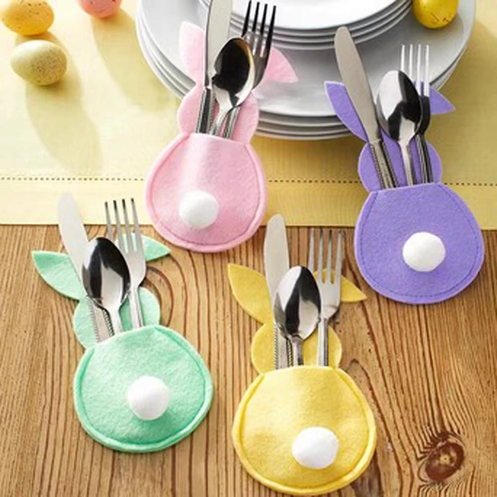 

Easter Bunny Felt Cutlery Holder Bag Happy Easter Decorations for Home Tableware Accessories Rabbit Cutlery Cover Bag Table