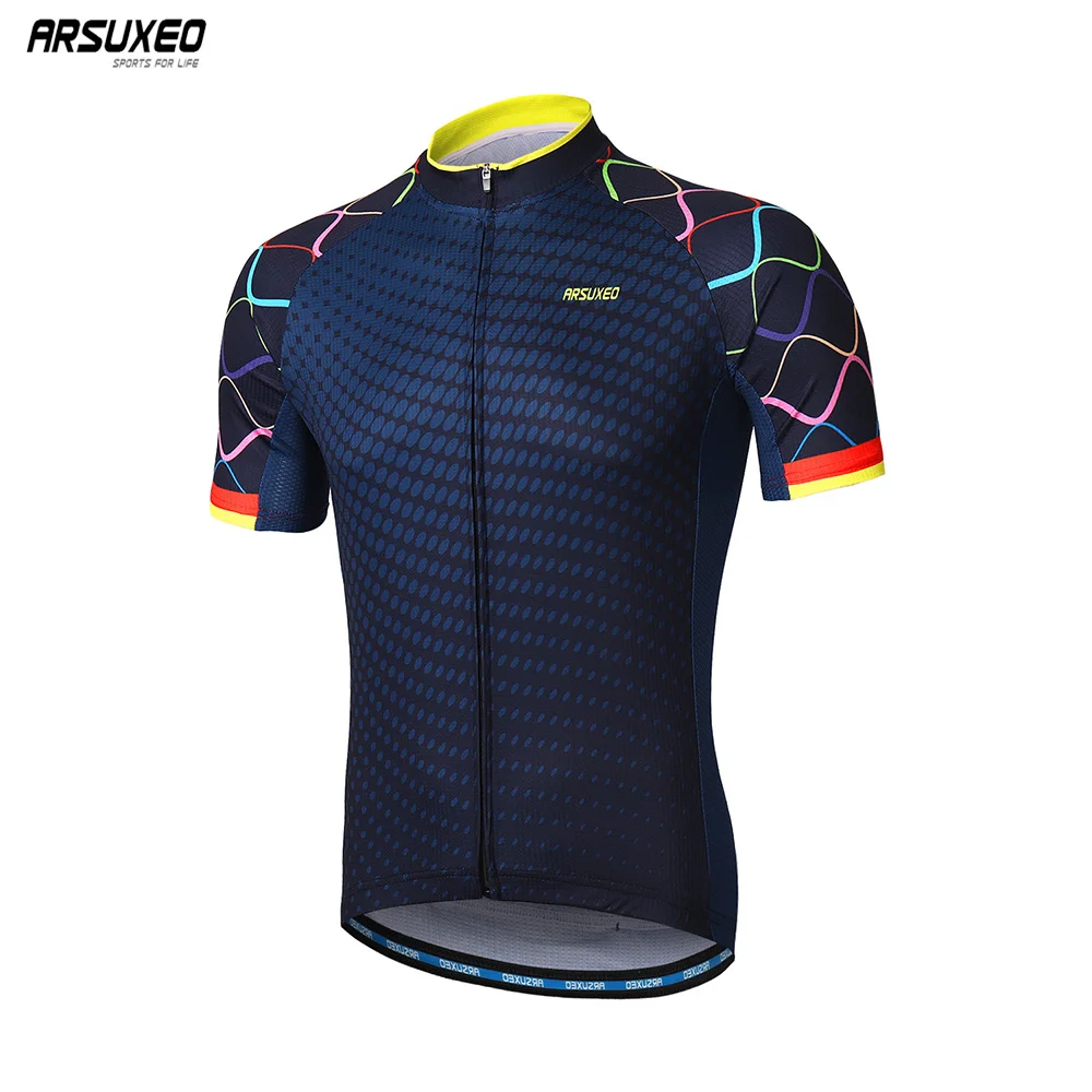 

ARSUXEO Men's Cycling Jersey Bicycle Summer Short Sleeves Mountain Bike T-Shirt With Zipper Pockets Reflective Riding Clothing