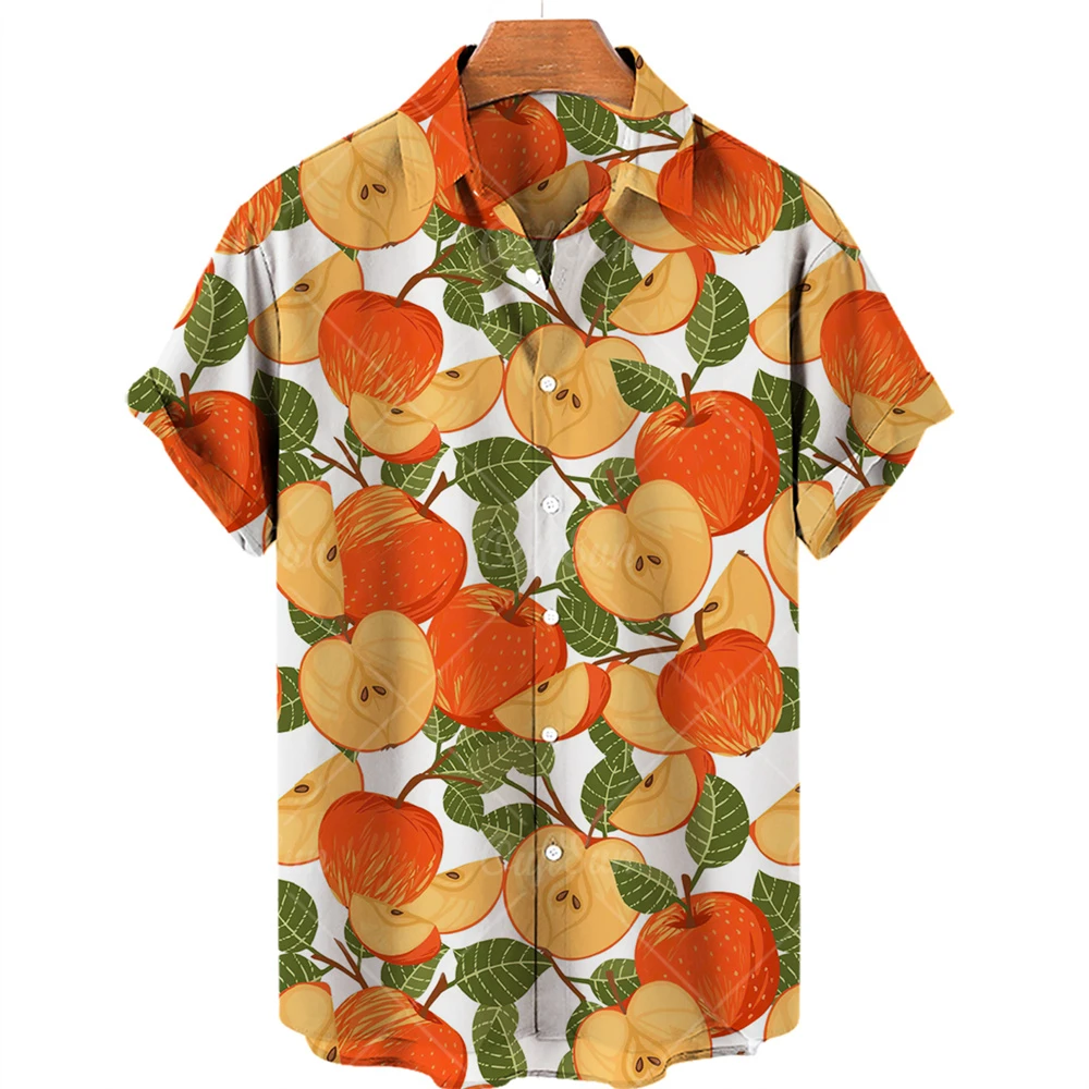 Casual Shirts Men Women V-Neck Single Button Short Casual Hawaiian Shirts Fruit Lemon Floral Print Summer Beach Vacation