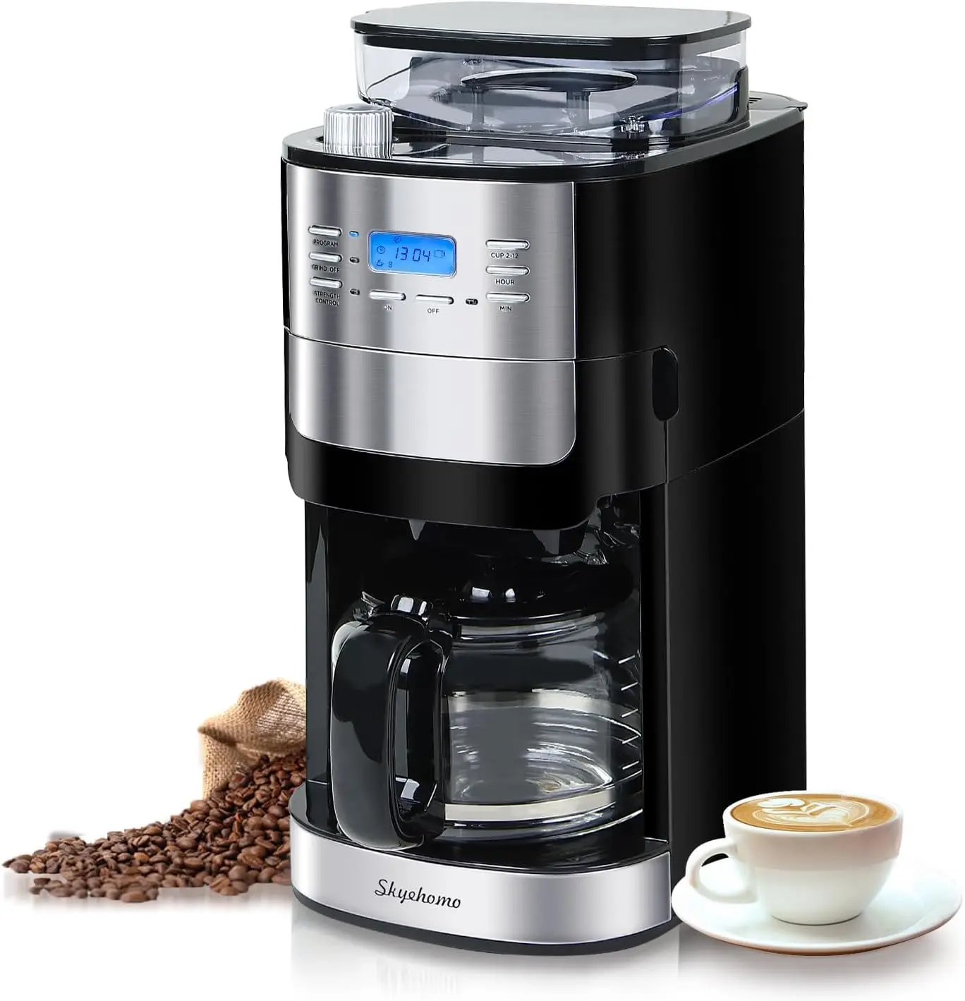 

Cup Drip Coffee Maker with Built-In Burr Coffee Grinder, Programmable Coffee Machine with Timer, Glass Carafe, Reusable Filter,