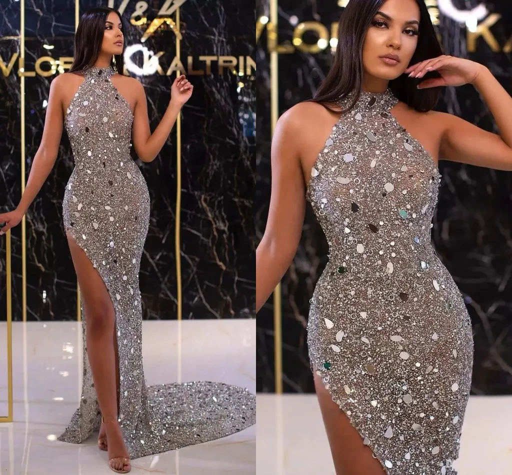 

Luxury Sequined Pageant Prom Dress Halter High Split Grey Mermaid Evening Formal Gowns Arabic Aso Ebi 2023 Robe De Soirée