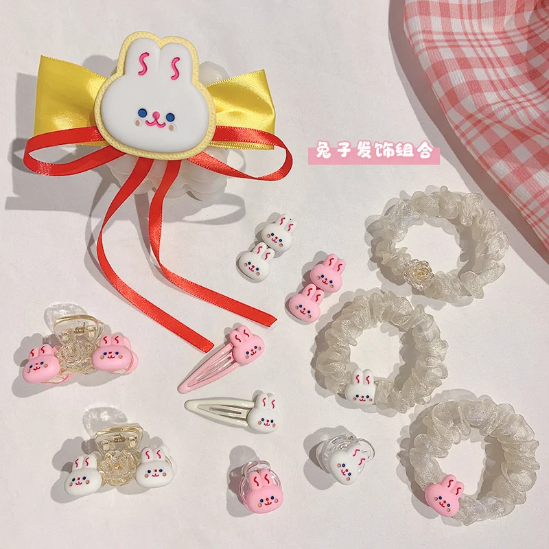

Pink And White Rabbit Cartoon Elastic Hair Band For Women Cute Hair Clip Hair Accessories For Girls Rubber Rope Hair Band