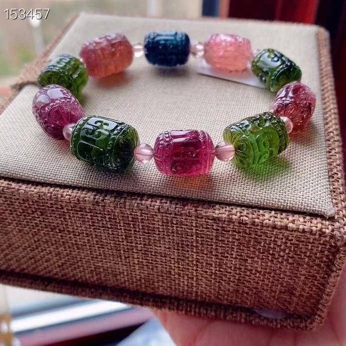 

Natural Red Green Tourmaline Clear Barrel Beads Bracelet 15/10mm Colorful Rainbow Tourmaline Women Men Crystal Jewelry AAAAAAA