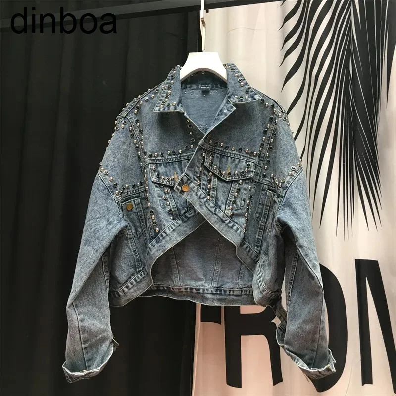 

Autumn New Women Asymmetric Casual Batwing Sleeve Denim Jacket Oversized Loose Short Boyfriend Hip Hop Rivet Beads Jeans Coat