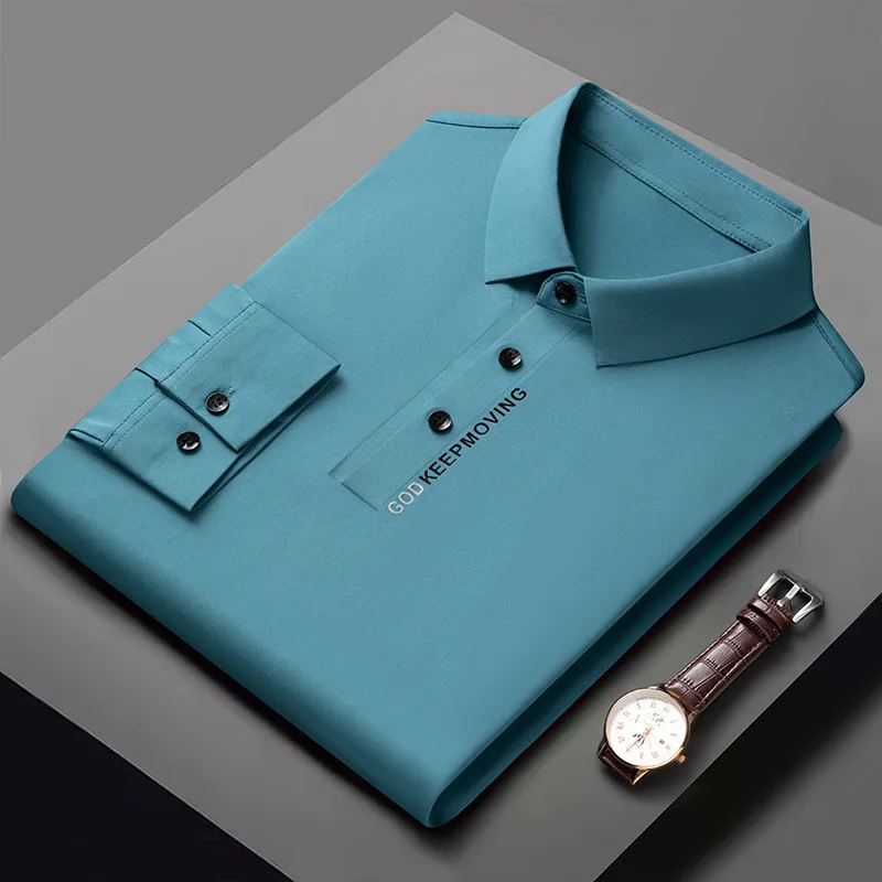 

Роскошная мужская футболка с длинным рукавом без следов, с прессованной этикеткой, Однотонная футболка с лацканами, эластичная и облегающая, Повседневная