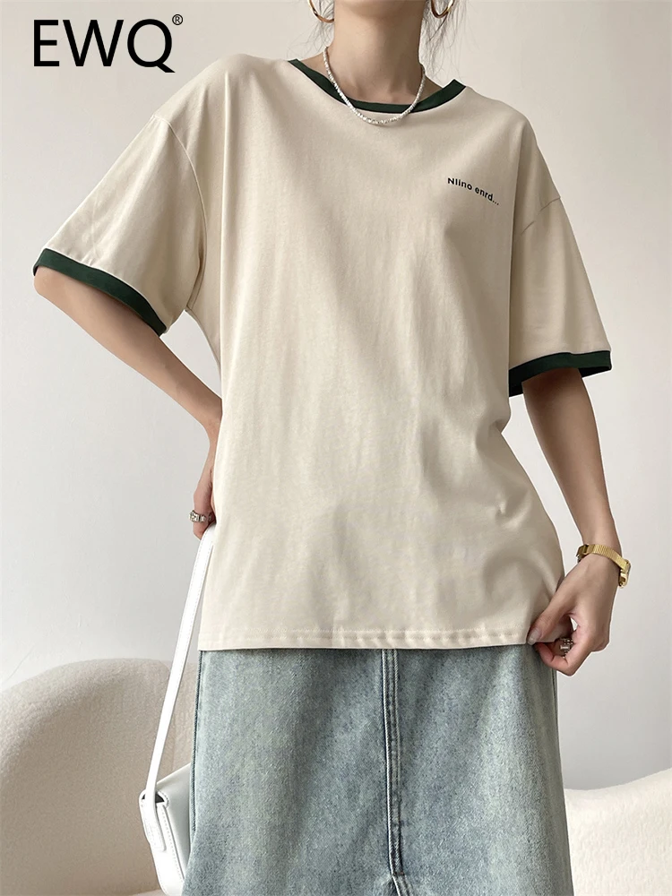 

EWQ Latter Print T-shirt For Women Round Neck Short Sleeve Pullover Tops Fashion Female Clothing 2023 Summer New 26D3233